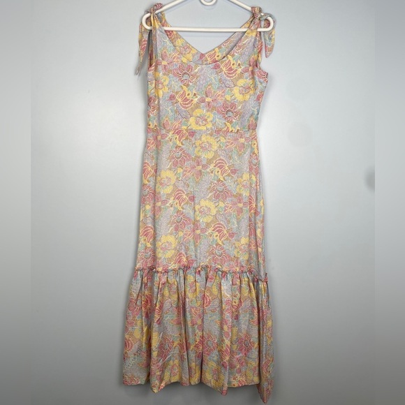 Warm Georgia Silk Floral Jacquard Midi Dress Size Large Cocktail Spring Romantic - Picture 10 of 13